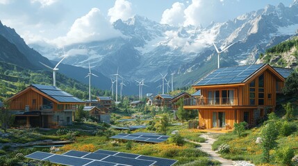 Poster - A vibrant community nestled in mountainous terrain utilizes renewable energy from wind turbines and solar panels, showcasing sustainable living and autonomous green technologies.