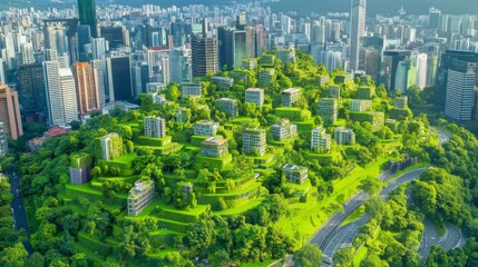 Aufkleber - A futuristic cityscape showcases buildings harmoniously integrated with lush greenery, featuring innovative architecture and dedicated green spaces for biodiversity and air purification.