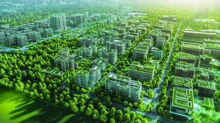 Poster - A modern city layout features interconnected green spaces and buildings designed for sustainability, emphasizing air purification, reforestation, and biodiversity.