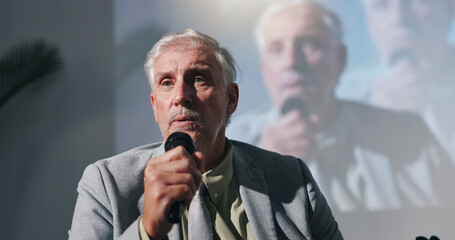 Poster - Mature man, conference or presentation for public speaker, development seminar or business event. Convention, speech and workshop for corporate ceo in auditorium with microphone, tradeshow or keynote