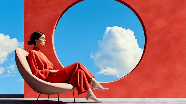 Lady in minimal interior, modern chair, blue sky through window. 3D rendering.