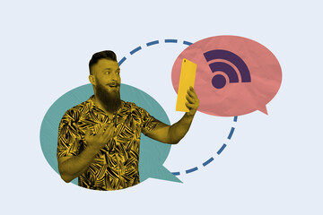 Aufkleber - Composite image montage trend artwork collage of young man hold smartphone broadcasting speech speaker attention loudspeaker proclaim wifi