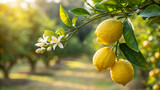 Lemons on tree with flower in field, Lemon hanging on tree in natural warm sunlight background