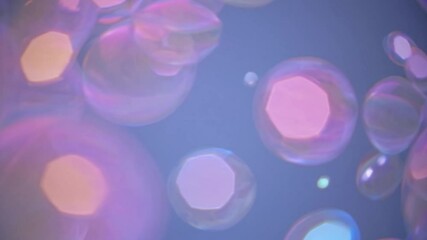 Poster - Beautiful soap bubbles float gently against a blue backdrop, their iridescent surfaces shimmering with pastel hues of pink, purple, and gold, creating a dreamy and ethereal ambiance