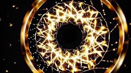 Aufkleber - Golden ring expands and rotates, emitting bright particles and creating a mesmerizing visual effect on a black background, ideal for projects related to luxury, celebration, or technology