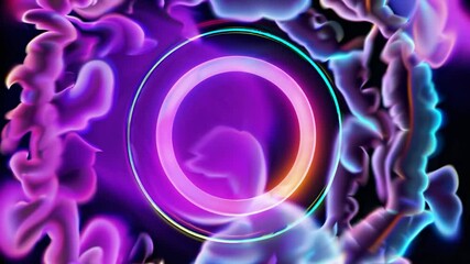 Poster - Colorful smoke expands behind a bright neon circle, creating a vibrant and dynamic abstract background animation with various color schemes