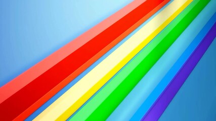 Poster - Vibrant rainbow stripes gliding smoothly across light blue background, generating dynamic visual effect with seamless color transition and playful movement