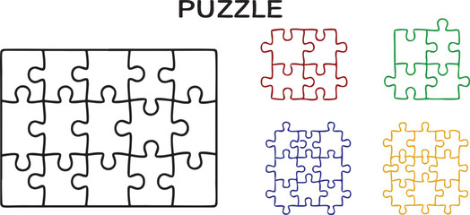 Poster - Puzzle Piece Vector Set Simple Line Art Clean Grid Minimalist Design