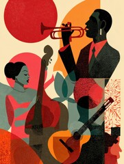 Poster - Showcasing Hispanic Contributions to Music and Art Through Vibrant Graphic Representation of Musicians and Instruments in a Colorful Setting