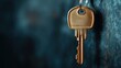 © Pinklife - This close-up image features a shiny key hanging on a textured surface, showcasing a striking contrast with the beautiful blue backdrop, highlighting simplicity and functionality.