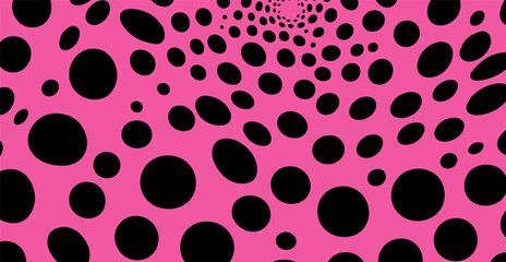 Poster - Vector illustration in bold pop art style: swirling black dots of varying sizes on a vivid pink background, forming a hypnotic, optical illusion effect.