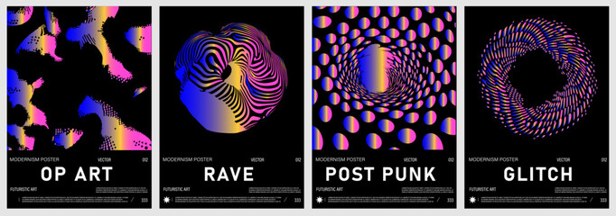 Fototapete - Set of vector posters in popular Y2K and op art style: holographic vibrant gradients on black backgrounds with warped dots, lines, and circular shapes. Trendy graphics with futuristic look.