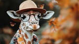 A whimsical giraffe dressed in a hat and glasses, adorned with butterflies, stands out against the background of autumn leaves, conveying a playful and imaginative vibe.