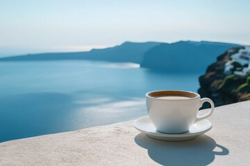 Wall Mural - Enjoying morning coffee with a stunning seaside view in Santo, Morning Coffee with a Stunning Seaside View in Santorini, Greece