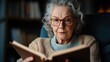 © Pinklife - An elderly woman with eyeglasses deeply engaged in reading a book, surrounded by a warm and inviting atmosphere that enhances her reflective and tranquil moment.