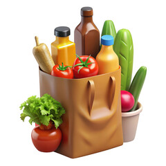 Poster - 3d realistic grocery bag with fresh produce and drinks isolated on transparent background