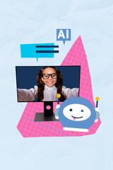 Poster - Template collage design trend 3D sketch of computer monitor young schoolhirl smile ai bot chat academic autumn september remote education