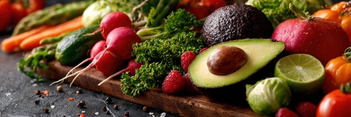 Poster - Clean Eating Starter Plan Infographic for Beginners Featuring Vibrant Fruits and Vegetables on a Wooden Board
