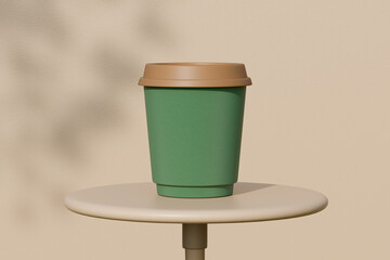 Poster - Paper coffee cup on round table against wall with shadows.3d rendering