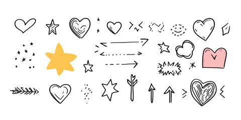 Poster - Hand drawn doodle set of hearts arrows stars sparkles and decorative accents simple line art vector illustration for romantic and playful designs