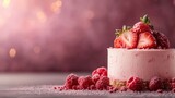 An exquisite cake adorned with fresh strawberries and raspberries, showcasing a delightful dessert that is visually appealing and enticing, perfect for celebrations or desserts.