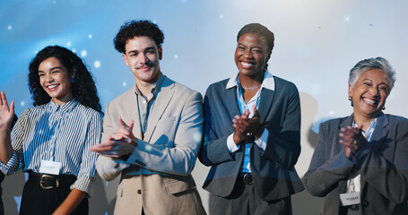 Aufkleber - Happy, group and applause for presentation, event and celebration of seminar, achievement and stage. Workshop, business people or guest for training session, entrepreneurship and clapping for success