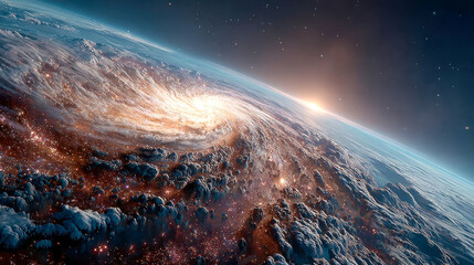 Poster - A glowing spiral galaxy with radiant stars, nebulae, and cosmic dust set against a dark starlit sky in deep outer space