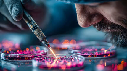 Poster - Close-up of a scientist using a precision tool to interact with a glowing pink substance in a petri dish under lab lighting