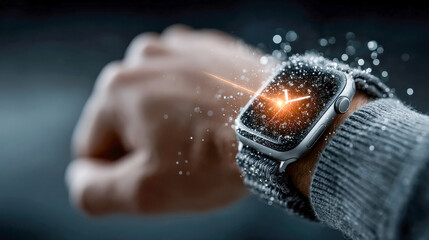 Poster - Close-up of a smartwatch on wrist emitting glowing particles