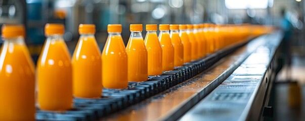 Poster - Bottled orange juice moving on a conveyor belt in a modern factory setting