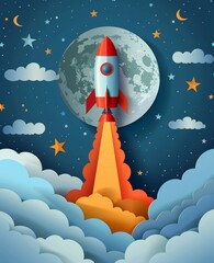 Wall Mural - colorful illustration of a rocket launch with moon and stars background
