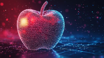 Poster - Futuristic wireframe apple with digital elements and glowing effects