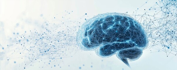 Poster - Wireframe illustration of human brain, neural network and connecting dots