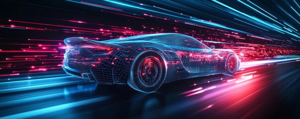 Poster - Futuristic wireframe car speeding in a digital environment with fiery trails