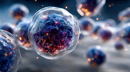 Fototapete - Glowing digital cells floating in a surreal 3D microscopic environment