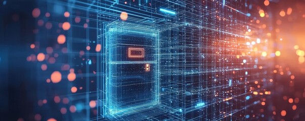 Poster - Wireframe digital vault with glowing interior showcasing secure technology and futuristic design