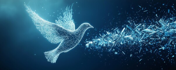 Poster - Wireframe dove flying amidst shattered geometric shapes symbolizing freedom and peace