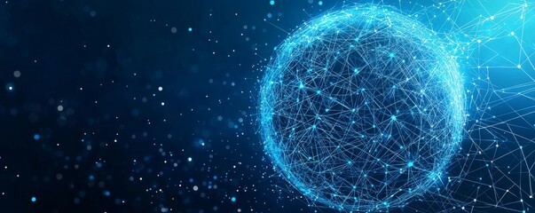 Poster - Digital wireframe globe with connecting blue lines and nodes illustrating a global network