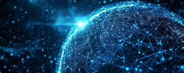 Poster - Futuristic wireframe globe with digital network connections and blue bokeh background