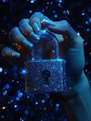 Poster - A close-up of a hand holding a lock encrusted with digital glitters, symbolizing security in the digital age with an emphasis on cyber protection and technology.
