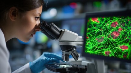 Poster - In a contemporary lab, a scientist focuses intently on a microscope, analyzing vibrant structures. The technology displays intricate details of microbial life in glowing colors.