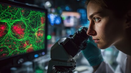 Poster - A researcher focuses intently on a microscope screen displaying vibrant green and red cell cultures while working in a high-tech laboratory in the evening.