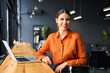 © Stock 4 You - Portrait young it specialist latin hispanic business lady working on laptop pc sitting at desk in modern office smiling at camera. Middle eastern indian woman using computer technology for work online