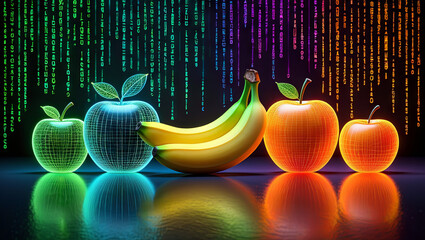 Poster - Vibrant, stylized representations of apples and bananas are arranged creatively, showcasing glowing outlines against a backdrop of colorful digital data streams