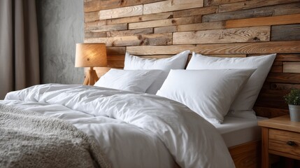 Poster - A serene bedroom showcases a wooden accent wall, soft white bedding on the bed, and a warm lamp, creating a relaxing atmosphere for restful sleep.