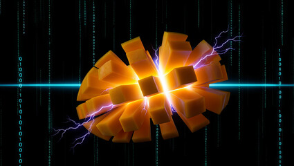 Fototapete - Bright blocks burst apart, sending streams of light in a dark digital environment. The vibrant explosion symbolizes creativity and the power of innovation in technology