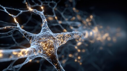 Poster - A glowing neuron illustrates the complexity of neural connections with vibrant strands and synapses illuminated in a dark background. The image captures the beauty of brain activity.