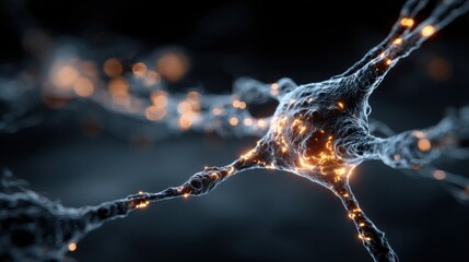 Fototapete - A detailed view of interconnected neurons with glowing synapses illustrates the intricate communication systems within the brain, highlighting neural activity and connections.
