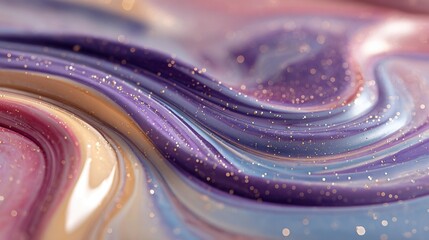 Poster - Bright hues of purple, pink, and gold merge fluidly, showcasing intricate patterns filled with shimmering particles. The vibrant design is captivating and lively.