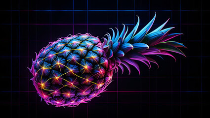 Poster - This striking artwork features a neon pineapple with an array of vibrant colors and luminous details set against a dark grid background, creating a bold visual impact